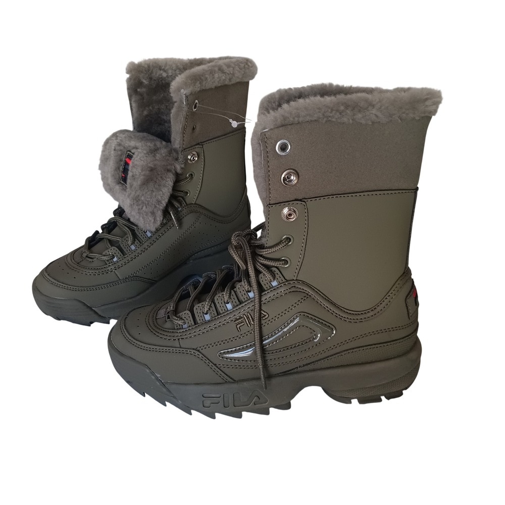 Fila Disruptor Shearling Boot Women 6.5 Olive Green Platform 5HM00559-332